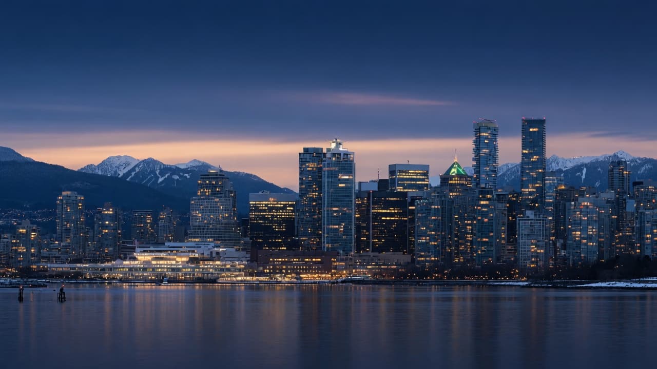 Canadian city skyline at dusk with mountains behind